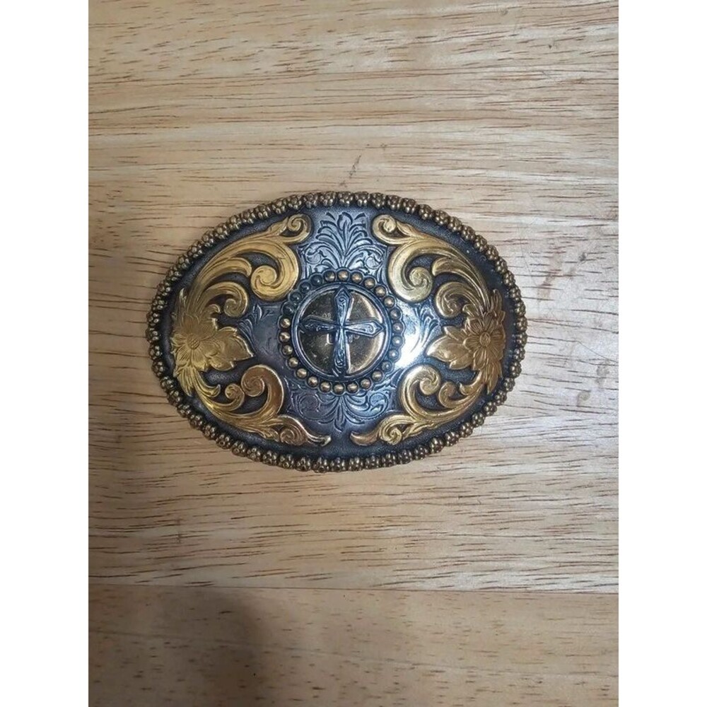 Nocona Western Cross Belt Buckle Gold Silver Floral Cowboy
